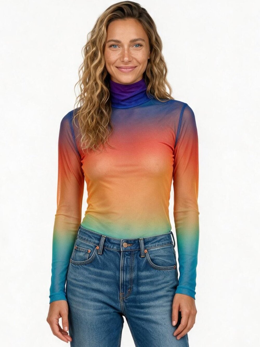 RARE AFRM Rainbow Ombre Multi-Color Sheer Mesh Stretch Mockneck Turtleneck, XS